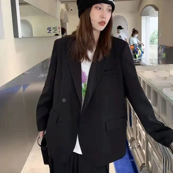 Notched Collar Black Blazer Women Casual Single-Breasted Pocket Jacket for Woman Street Long Sleeve Loose Blazers Coat