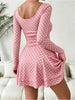 Autumn Polka Dot Print Square Neck Long Sleeve Women's Dress Waist Cinched A-Line Mini Skirt Length Sexy