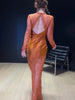 Women Lace Overlay Satin Maxi Skirt Long Sleeve Slim Fit Sheer Mermaid Hem Party Dress Formal Evening Date Activity Gown