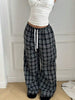 Plaid Pants for Women, High Waist Drawstring Wide Leg Trousers, Casual Streetwear Lounge Pants