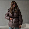 Women's Winter Jacket Hooded Drawstring Zipper Stand-Up Collar Lace Up Winter Jacket Female Loose Casual Chic Jackets For Ladies