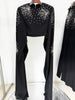 High Street Designer Runway Suit Set Women's Batwing Sleeve Diamonds Beaded Cropped Tops Pants Set 2pcs