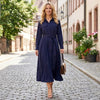 Women With Belt Solid Single Breasted Midi Dress Vintage Lapel Neck Long Sleeves Female Chic Lady Dresses