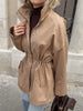 Women's Stand Collar Mid Length Trench Coat Drawstring Waist Autumn Winter Coats Cotton Outer Jacket