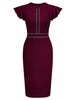 Women Crew Neck Ruffle Vintage Slim Work Office Cocktail Party Knee Length Sheath Bodycon Pencil Slim Dress