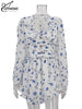 White Print Women's Dress Elegant V-Neck Ruffled Long Sleeve Dresses Autumn High Waisted Pleated Mini Dresses