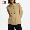 CH Women Tailored Double Breasted Stand Collar Cropped Trench Coat Shoulder Strap Cuff Buckle Business Commute Layer Outerwear