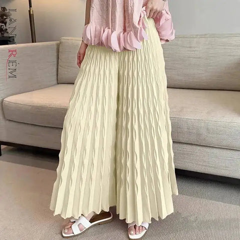 Pleated Elastic Waist Women's Wide Leg Pants Chic Elegant Design Handmade Pleated Stretch Loose Long Pants 2DB3646