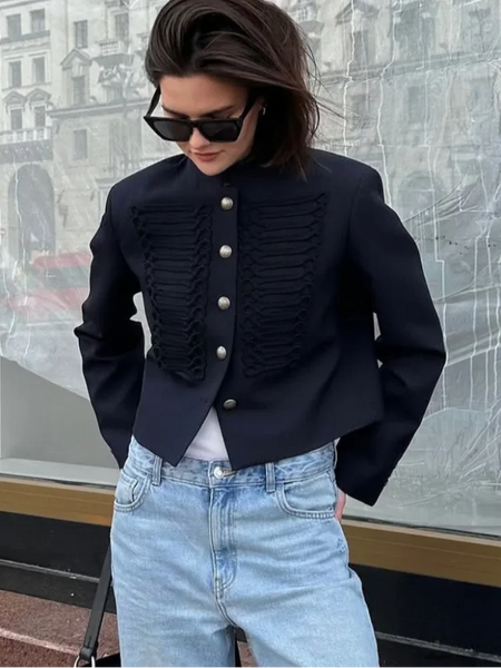 Retro Denim Military Short Jackets Women Chic Solid Stand Collar Single Breasted Slim Coat Lady Daily Street Outerwear