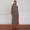 Geometric Print Women Maxi Dresses Long Flare Sleeve Feather Fringe Trim Side Slit Dress Elegant Party Vintage Ladies Dress