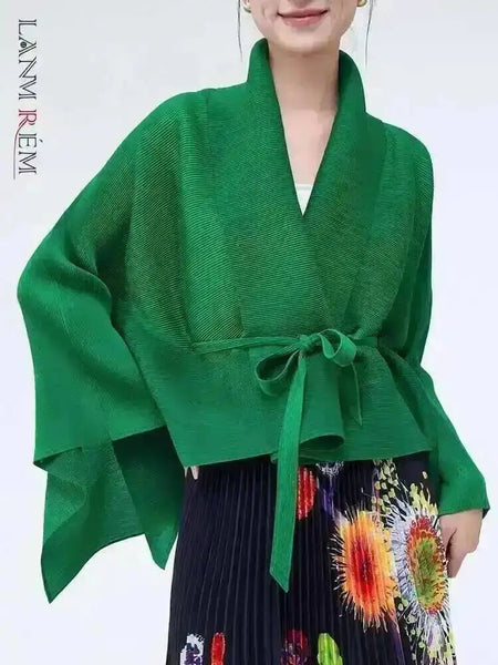 Women's Pleated Coat Loose Lapel Lace Up Irregular Solid Color Casual Versatile Cape Female Spring 2DE431