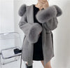 Woolen Coat Oversize Ladies Outerwear Winter Women Natural Fox Fur Collar Cuffs Jacket Hood Cashmere Wool
