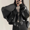 Autumn Winter Cool Black Hooded Leather Jacket Women Streetwear Y2K Fake Two Pieces Short Coat Korean PU Leather Outwear
