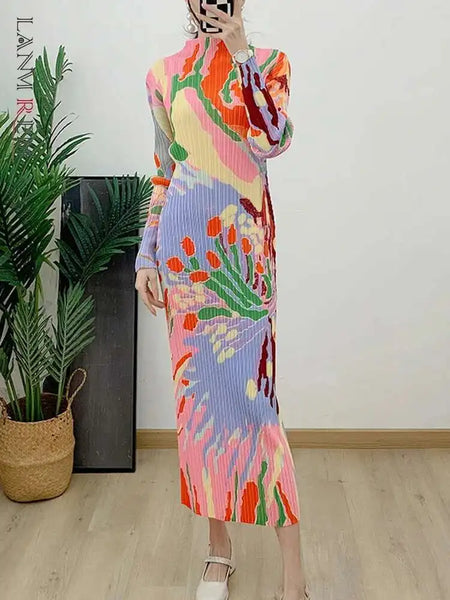Pleated Print Dress For Women Stand Collar Long Sleeves Slim Style Female Elegant Clothing Spring 2DA4141