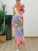 Pleated Print Dress For Women Stand Collar Long Sleeves Slim Style Female Elegant Clothing Spring 2DA4141