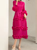 Elegant Women Pleated Dress O Neck 3D Floral Long Sleeves Fungus Spliced Design A-line Dresses Party 2AA1375