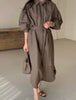 Women's Spring and Autumn Bubble Sleeve Casual Loose Straight Vintage Button Decorative Shirt Long Dress