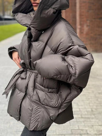 Hooded Batwing Sleeve Tie Waist Puffer Coat Fit Quilted Warm Winter Women Street Outerwear Chic Casual Outfit