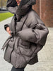 Hooded Batwing Sleeve Tie Waist Puffer Coat Fit Quilted Warm Winter Women Street Outerwear Chic Casual Outfit