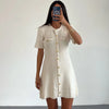 White Elegant Knitted Mini Dress For Women Metal Button Sexy Slim Rib Sweater Dress Holiday Party Outfits Autumn