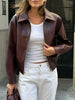 Vintage Wine Red Loose Short Leather Jacket Women Lapel Long Sleeves Zipper Cropped Coat Autumn Lady Street Outwear