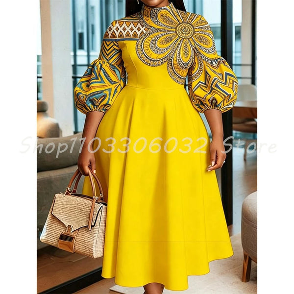 Yellow Paisley Floral Print Women Midi Dress High Neck Puff Sleeve Waist A-Line Casual Daily Party Dress