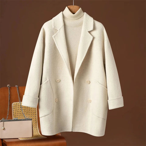 Double-sided Wool Coat Autumn Winter Women's Suit Collar Cocoon-neck Raglan Sleeves Small Lloose Versatile Pure Woolen Coat
