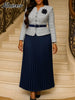 Plaid Blazer Suits for Woman Button 3D Floral Brooch Belt and Pleated Skirt 2 Piece Set Female Office Outfits