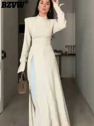 Mock Neck Long Sleeve Waist Cinched Front High Slit Maxi Evening Dress Elegant Daily Women Dresses