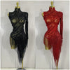 Sparkly Rhinestones Tassel Sexy See-Through Dress Women One Shoulder Latin Dance Outfits Bars Nightclub Party Stage Costume