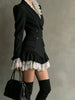 Women Black Double Breasted Blazer Dress Lace Ruffle Collar Cuffs Hem Peplum Slim Coat For Cocktail Party Elegant Evening Wear