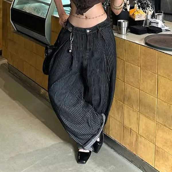 Women Striped Relaxed Fit Jeans Retro Low Rise Wide Leg Denim Pants Grunge Loose Trousers Spring Y2K Clothes