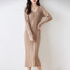 Women Pure Wool Sweater Dresses Long Sleeve Purllover 100% Merino Wool V-neck Knitwear Spring Autumn Grace Striped Dresses