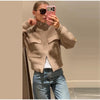 Women Camel Ribbed Knit Cardigan Zip Up High Collar Long Sleeve Cropped Sweater Flap Pockets Jacket Casual Autumn Outfits