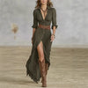 Vintage Solid Single Breasted Slit Long Dresses Women Lapel Belted Slim Pleated Long Sleeve Bohemian Irregular Maxi Dress