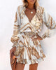 Women's Long Sleeve Mini Dress V-neck Drawstring Leopard Printed Waist Tied Dress Elegant Office Lady Dresses For Women