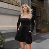 Elegant Square Neck Diamond Short Velvet Dress For Women Two Pockets Slim Office Ladies Outfits A-Line Long Sleeve Dress