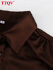Loose Brown Satin Women's Two Pieces Set Elegant Long Sleeve Shirt With High Waist Wide Pants Set FemalaCla