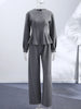 O-neck Waist Cinching Bud Hem Top Pants Suits Women Elegant Long Sleeve Slim Tops Wide Leg Trousers Spring Chic Office Lady Sets