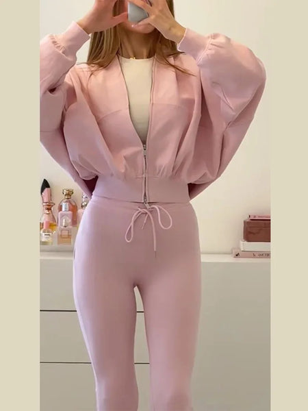 Solid Color Jacket Flared Trousers Woman Set Round Neck Zipper Jackets High Waist Long Pants Casual Versatile Women's Sets