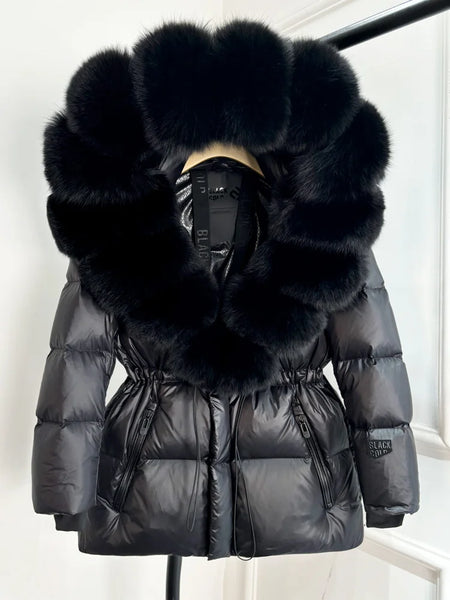 Lagabogy Real Fox Fur Collar Winter Women Hooded Puffer Jacket 90% White Goose Down Coat Female Thick Waterproof Outerwear