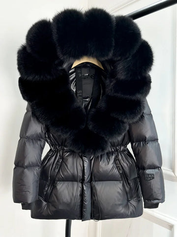 Lagabogy Real Fox Fur Collar Winter Women Hooded Puffer Jacket 90% White Goose Down Coat Female Thick Waterproof Outerwear