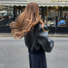 Double Zip Rib Collar Women Cropped Jacket Long Sleeve Side Pockets Loose Oversized Solid Autumn Coats Daily Chic Jackets