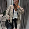 Drawstring Waist Windbreaker Jacket Women Contrast Collar Flap Pockets Long Sleeve Zip Up Coat Autumn Casual Loose Jackets