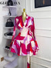 Women Tie Dye Print Flare Long Sleeve V-neck Sashes Ruffle Mini Dress Elegant Sexy Vacation Party Birthday Dresses