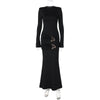 Elegant Vintage Dress Women Fall Flared Full Sleeve Metal Buckle Pleats Solid Casual Simple Skinny Long Bodycon