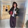Women Lapel Collar Single Button Croc Embossed Leather Jacket Long Sleeve Drop Shoulder Patch Pocket Loose Retro Short Street