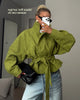 Green Oversized Belt Overcoat Women Elegant Long Sleeve Pleated Lapel Lace Up Windbreaker Autumn Lady Daily Street Outerwears