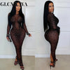 Women O-neck Long Sleeve Mesh Diamonds Rhinestones Long Dress Birthday Bodycon Mermaid Maxi Dresses Vestidos