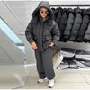 Print Hooded Puffer Coat Set Women Quilted High Neck Full Sleeve Zip Pockets Jacket Wide Leg Pants Winter Warm Sets